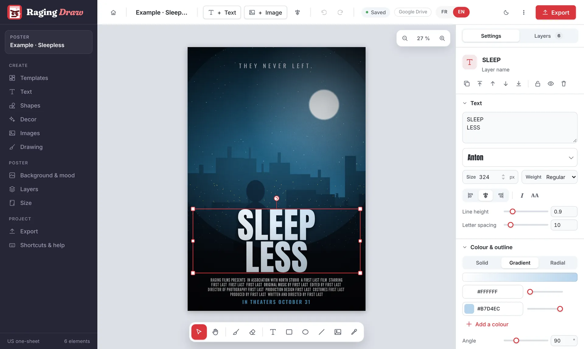 Raging Draw: a film poster being designed, with its layers and settings